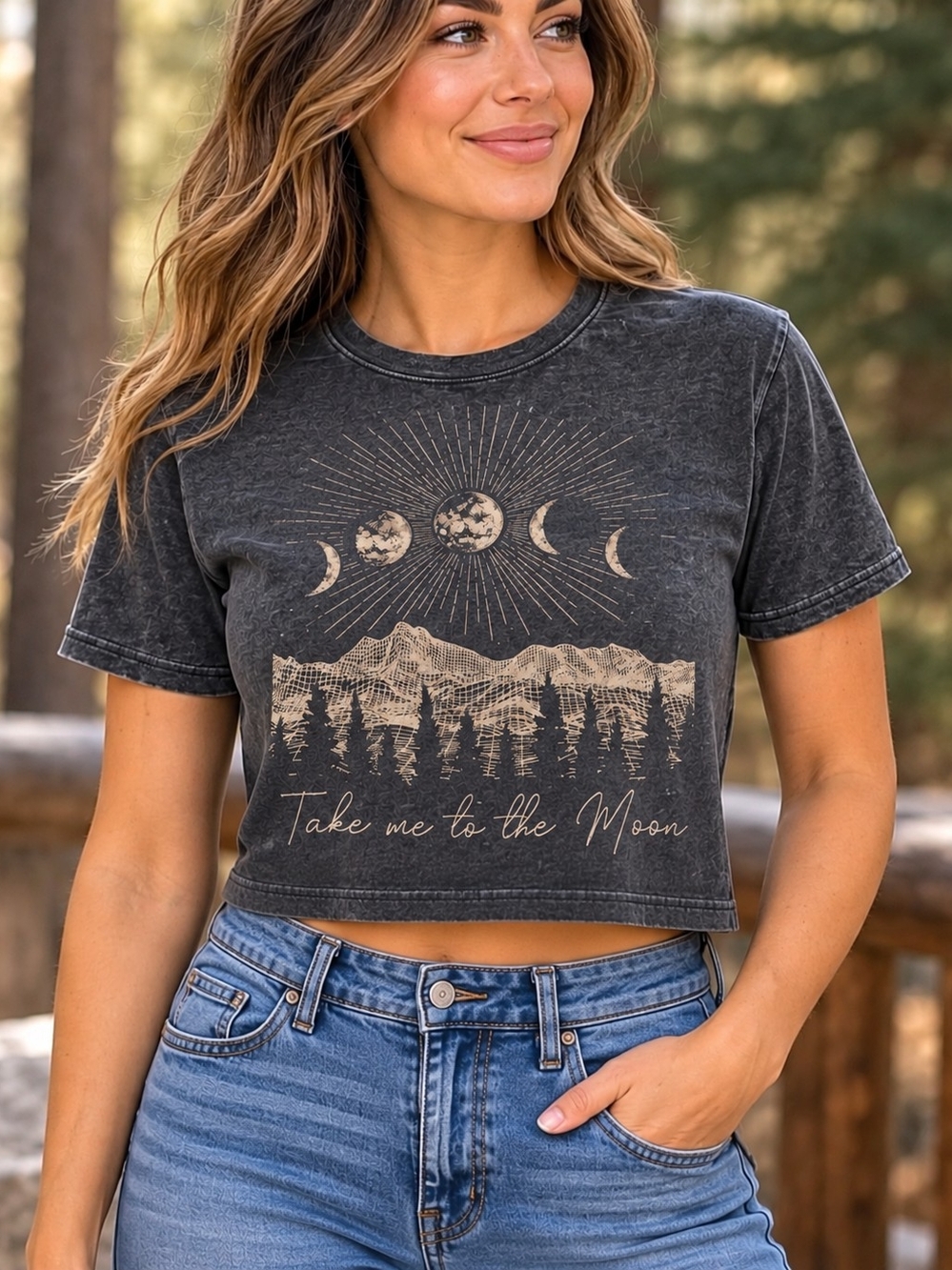 Black Graphic Crop Tee with 'Take Me to the Moon' Print - Women